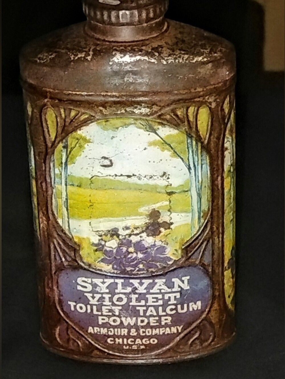 Antique 1910 Armour Sylvan Violet Talcum Powder Tin Art Nouveau Litho Chicago